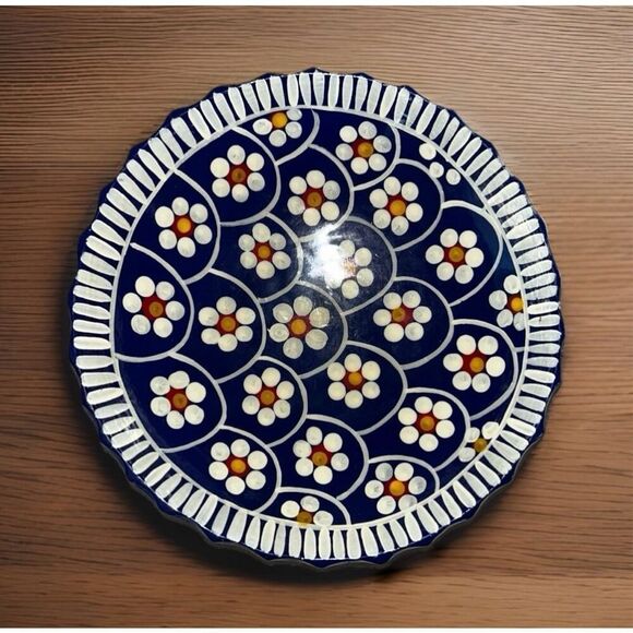 Mexican Folk Art Terra Cotta Hand Painted Pottery Blue Floral Footed Dish Set - Picture 3 of 7